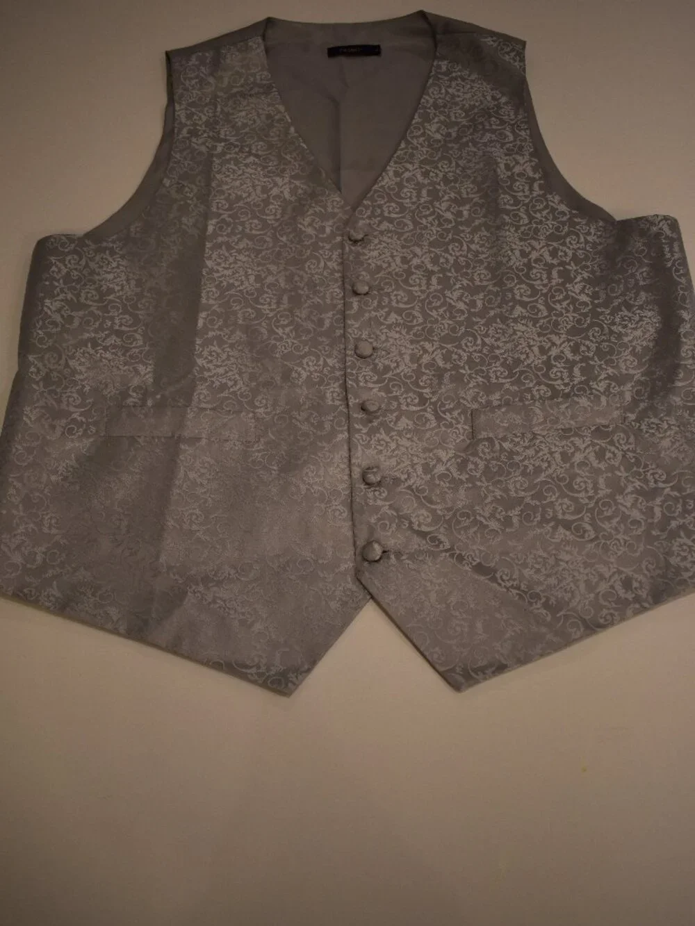 Men's Large FAIMO Silver Gray Floral Jacquard Tuxedo Vest Wedding Formal Prom